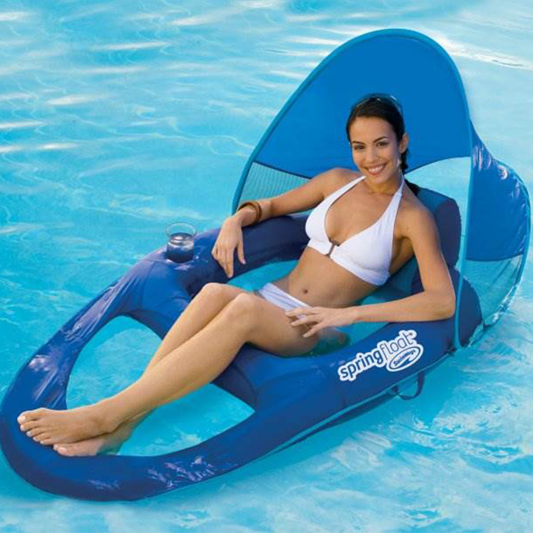 SwimWays Spring Float Pool Lounge Chair Recliner, Sun Canopy & Cup Holder, Blue