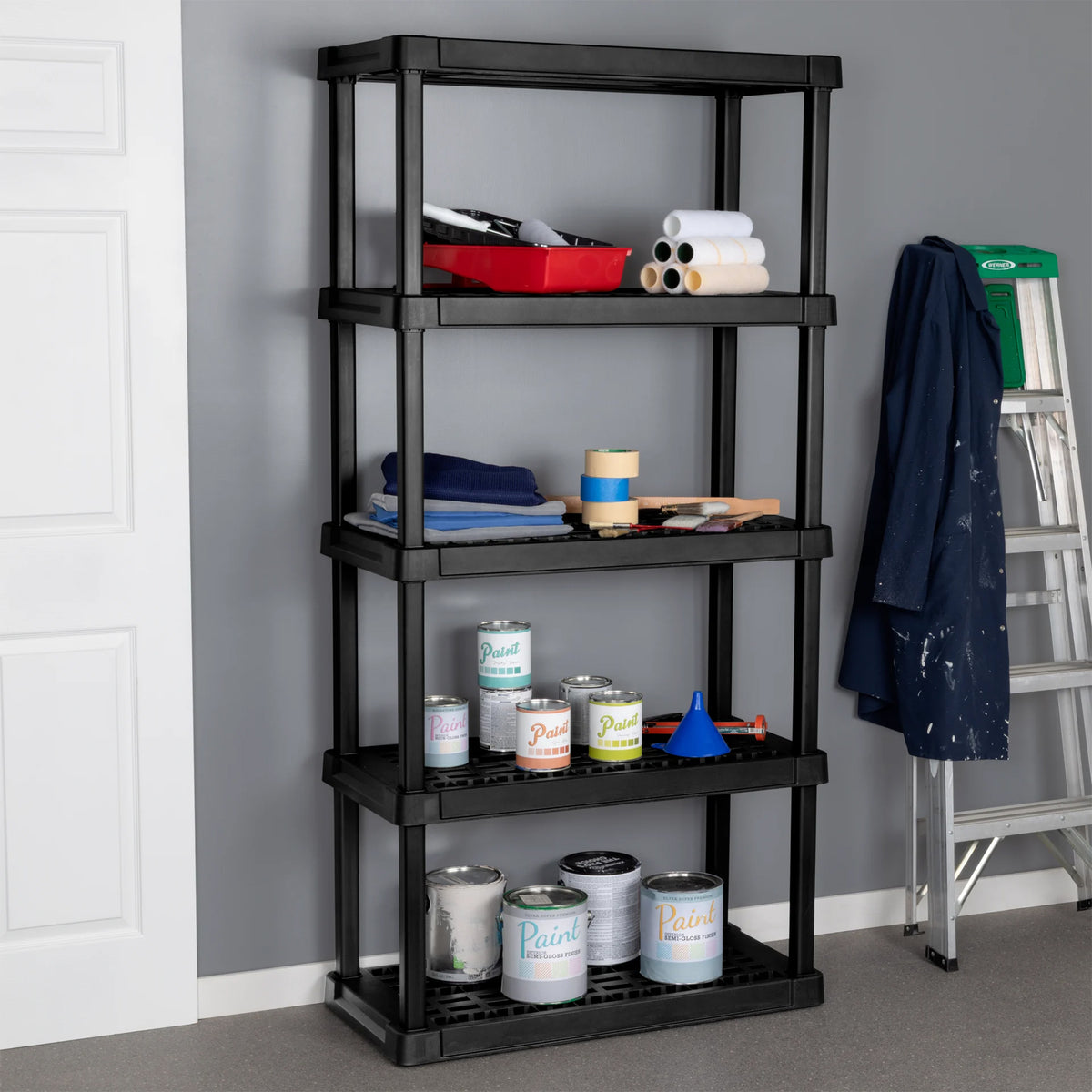 Sterilite 5 Shelf Plastic Storage Shelving Unit for Garage and Workshop, Black - VMInnovations
