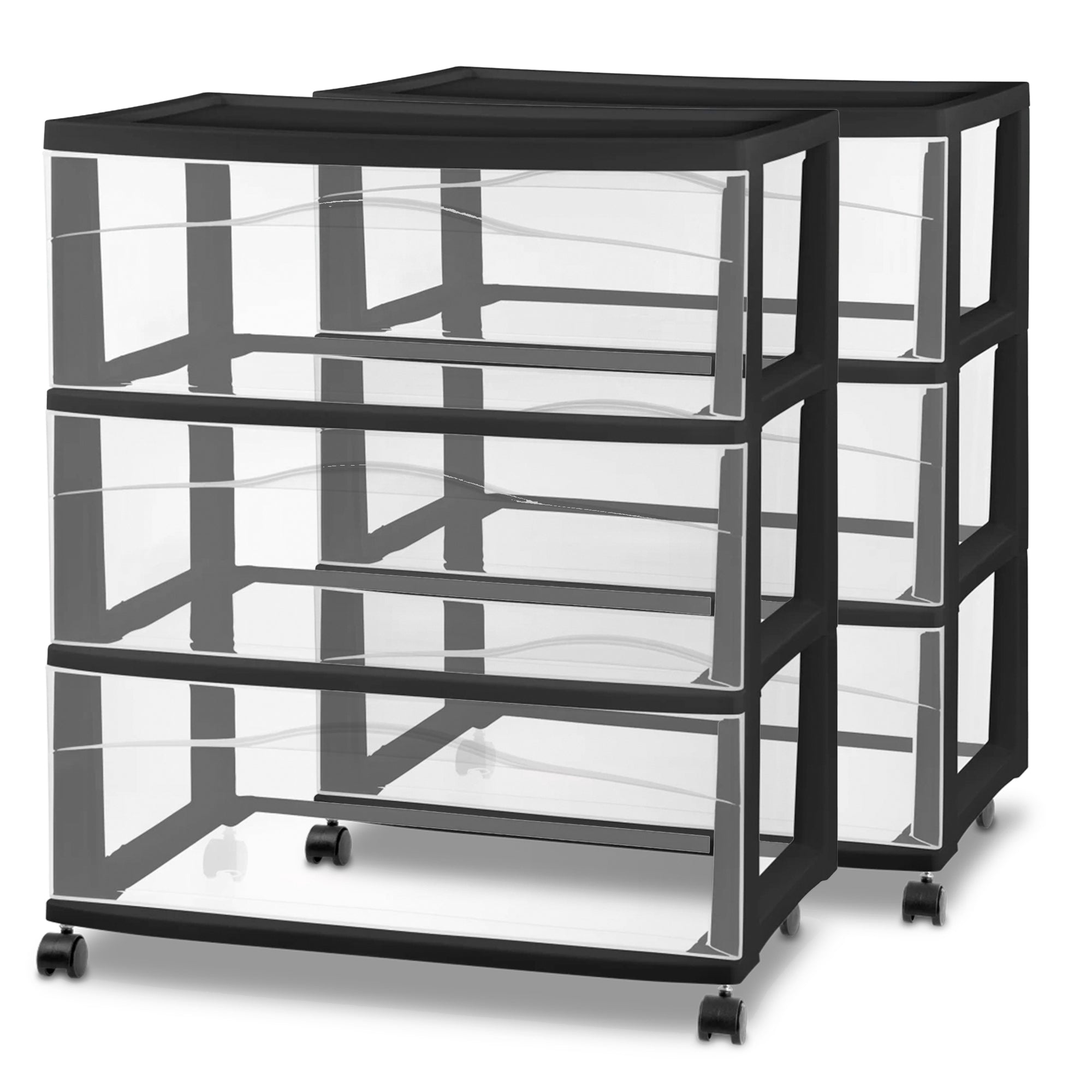 Sterilite Wide 3 Drawer Storage Cart, Plastic Rolling Organizer, Black, 2 Pack