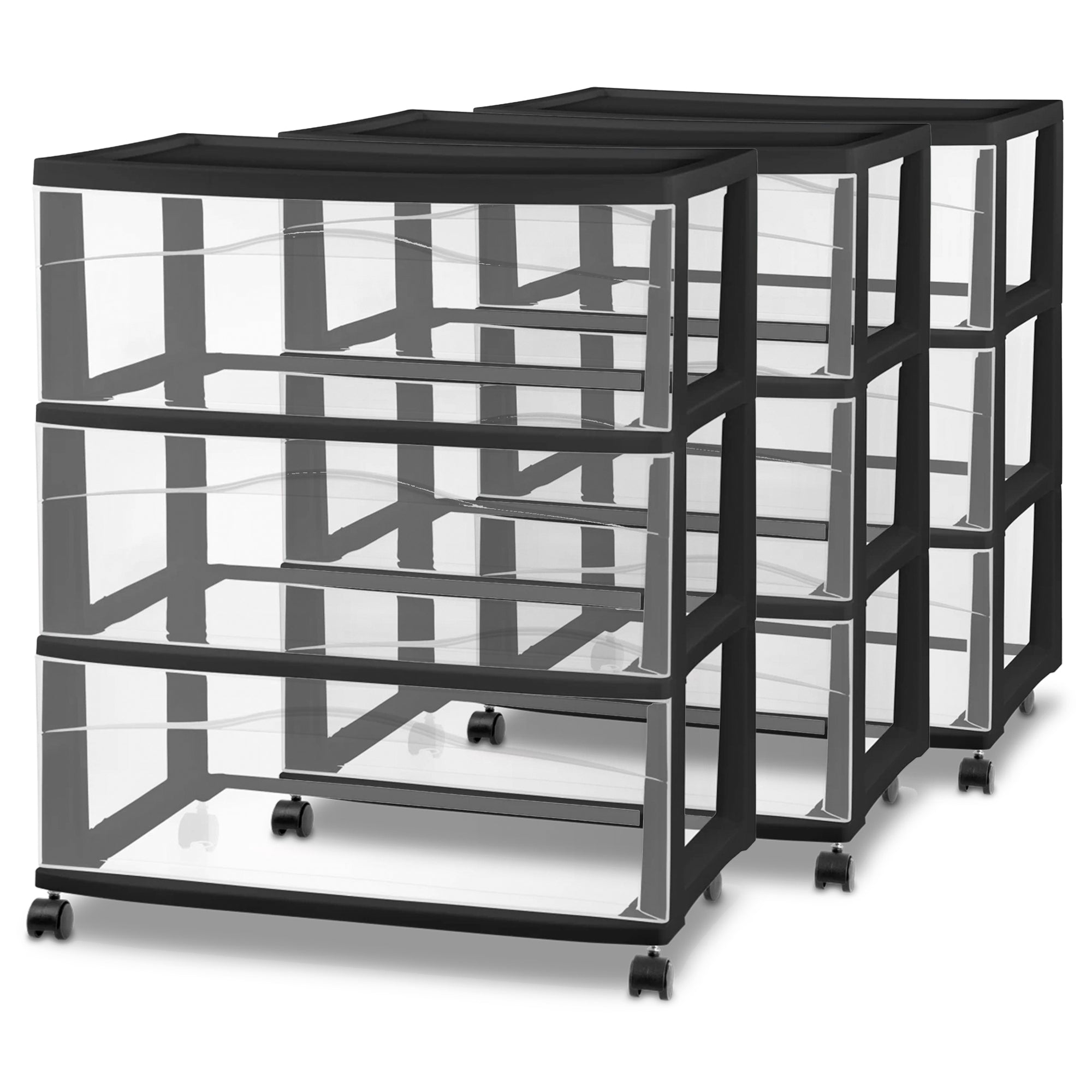 Sterilite Wide 3 Drawer Storage Cart, Plastic Rolling Organizer, Black, 3 Pack