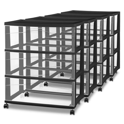 Sterilite Wide 3 Drawer Storage Cart, Plastic Rolling Organizer, Black, 4 Pack