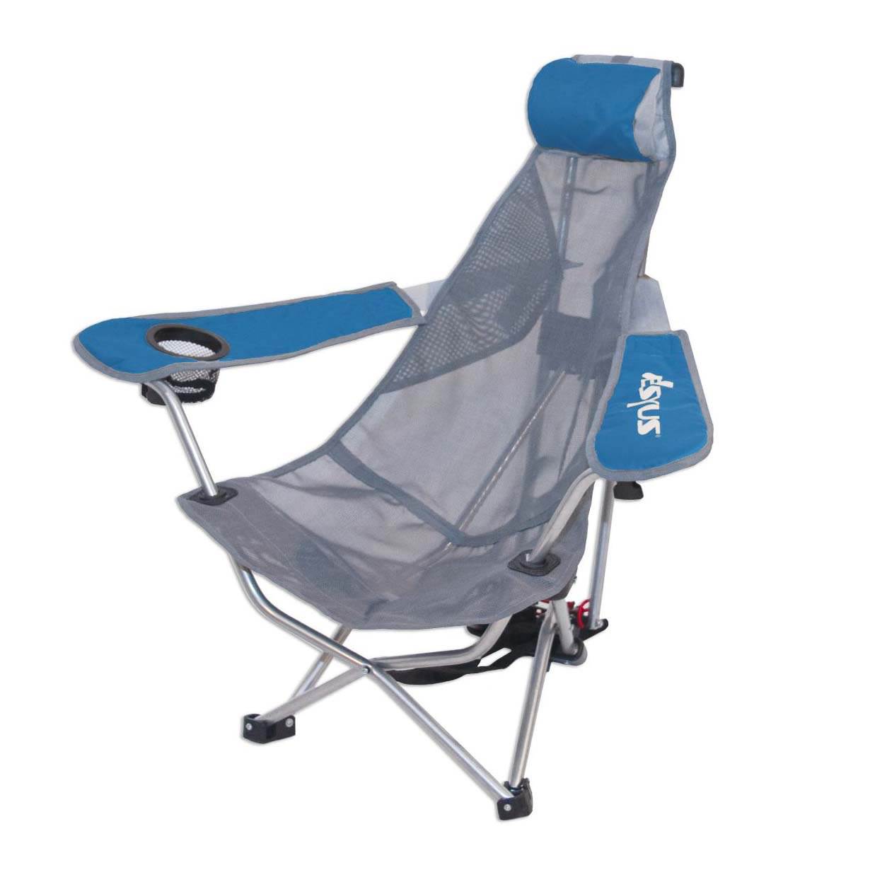 Kelsyus Mesh Folding Backpack Beach Chair w/Headrest & Cup Holder, Blue and Gray - VMInnovations