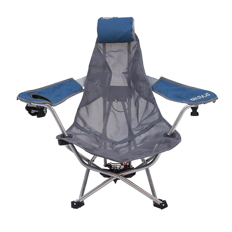 Kelsyus Mesh Folding Backpack Beach Chair w/Headrest & Cup Holder, Blue and Gray