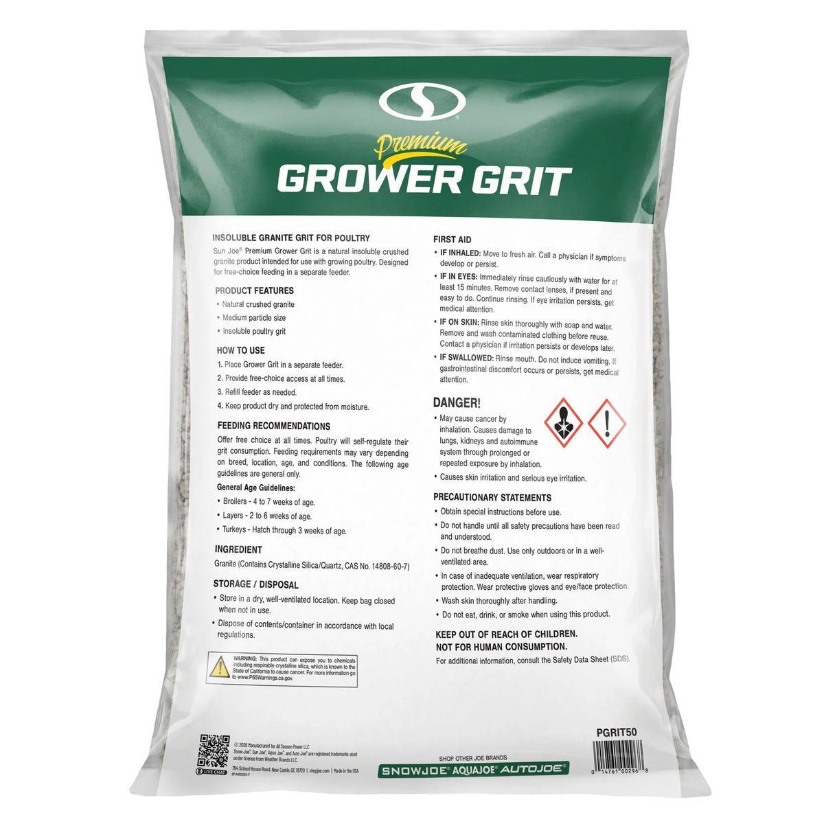 Sun Joe Premium Grower Grit, Digestive Support for Poultry, 50 Lb Bag, PGRIT50