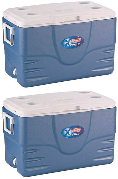(2) COLEMAN Camping Tailgating 52 Quart Xtreme 5 Day Ice Chest Coolers - Blue