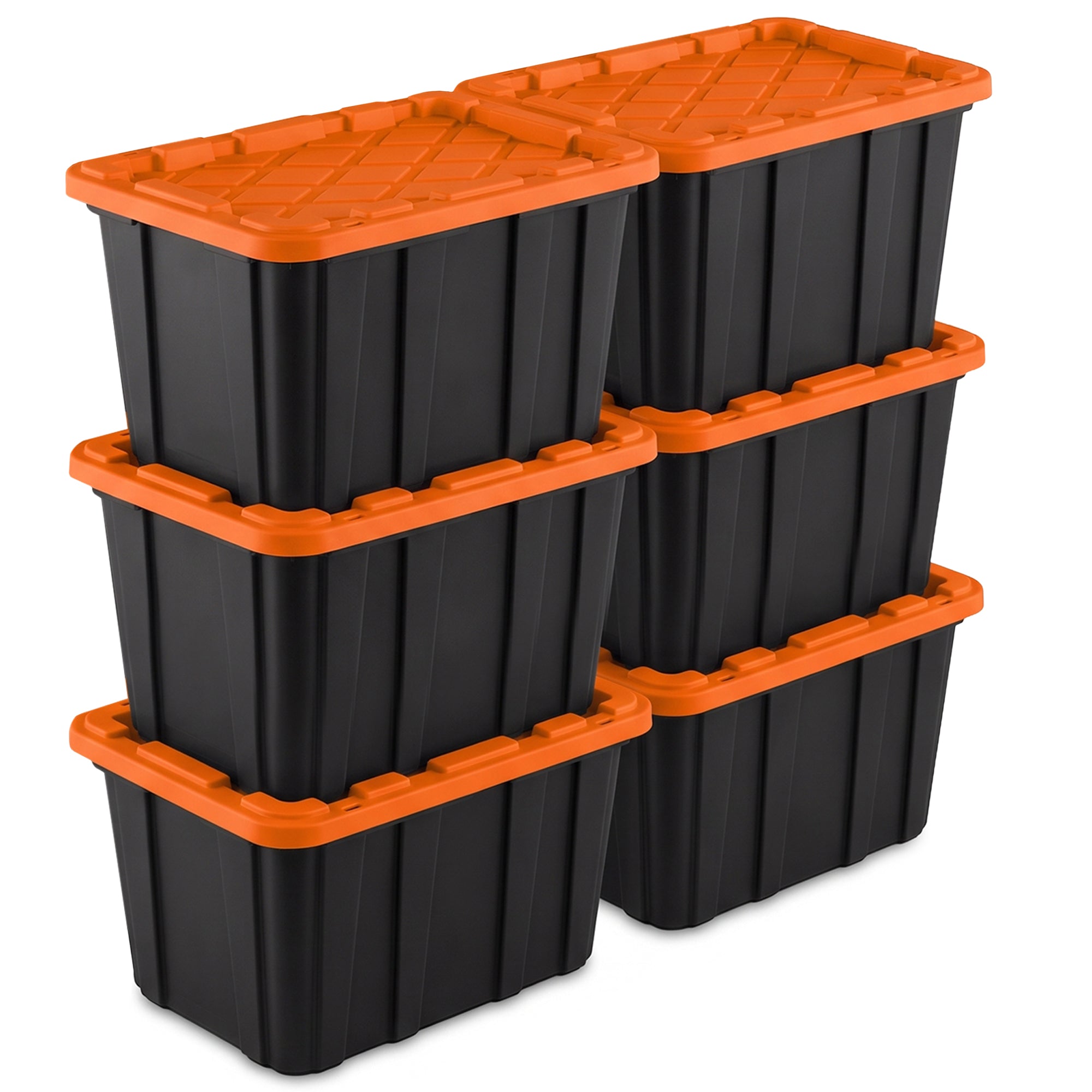 Sterilite 27 Gallon Industrial Storage Tote with Snap Fit Lids, Orange/Black (6 Pack)