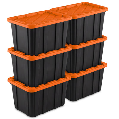 Sterilite 27 Gallon Industrial Storage Tote with Snap Fit Lids, Orange/Black (6 Pack)