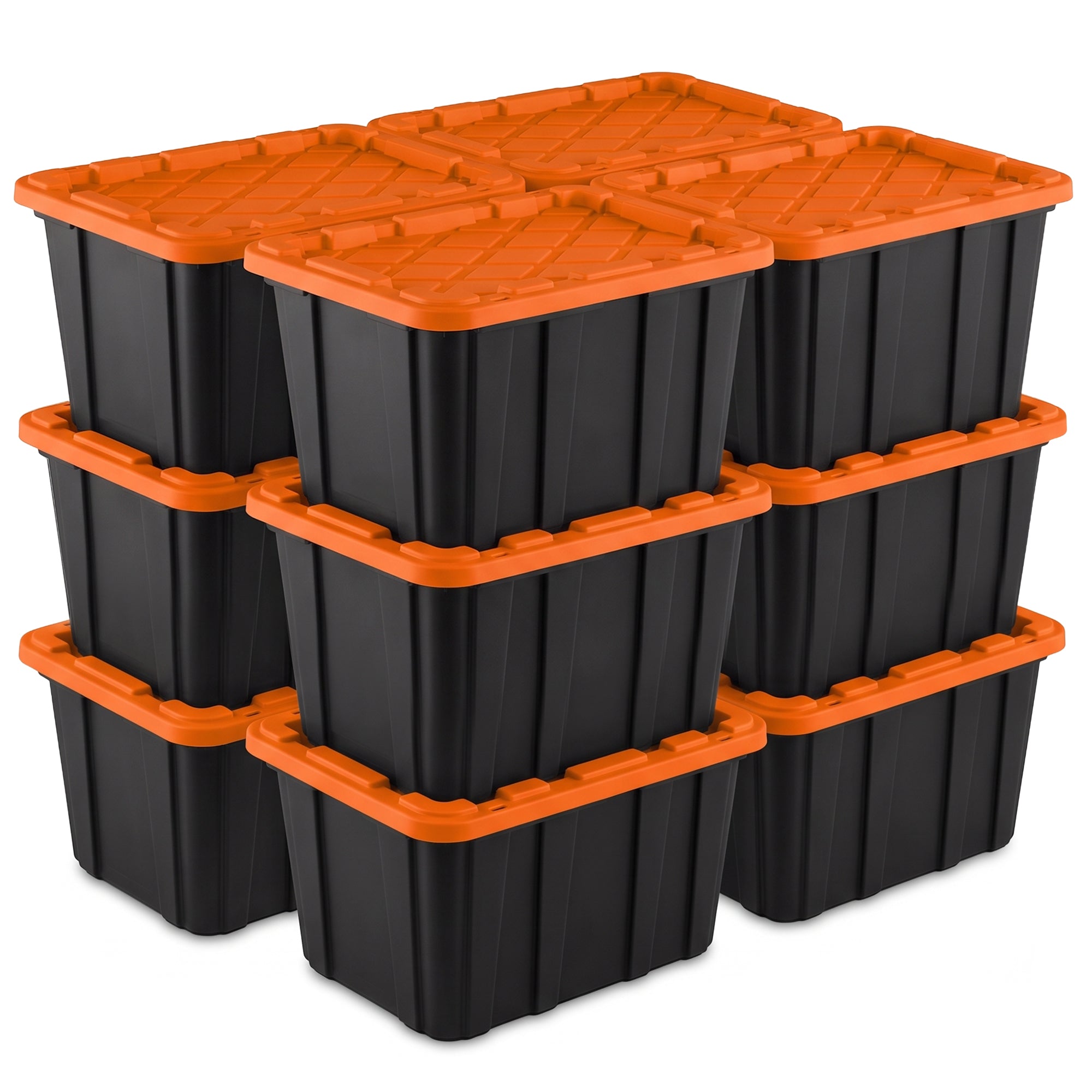 Sterilite 27 Gallon Industrial Storage Tote with Snap Fit Lids, Orange/Black (12 Pack)
