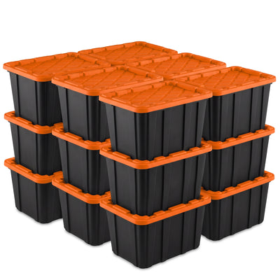 Sterilite 27 Gallon Industrial Storage Tote with Snap Fit Lids, Orange/Black (18 Pack)
