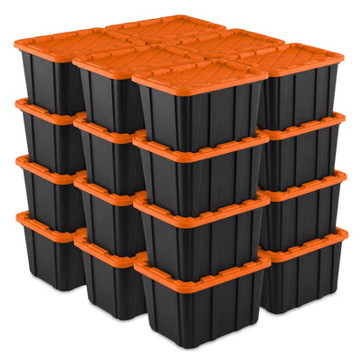 Sterilite 27 Gallon Industrial Storage Tote with Snap Fit Lids, Orange/Black (24 Pack)