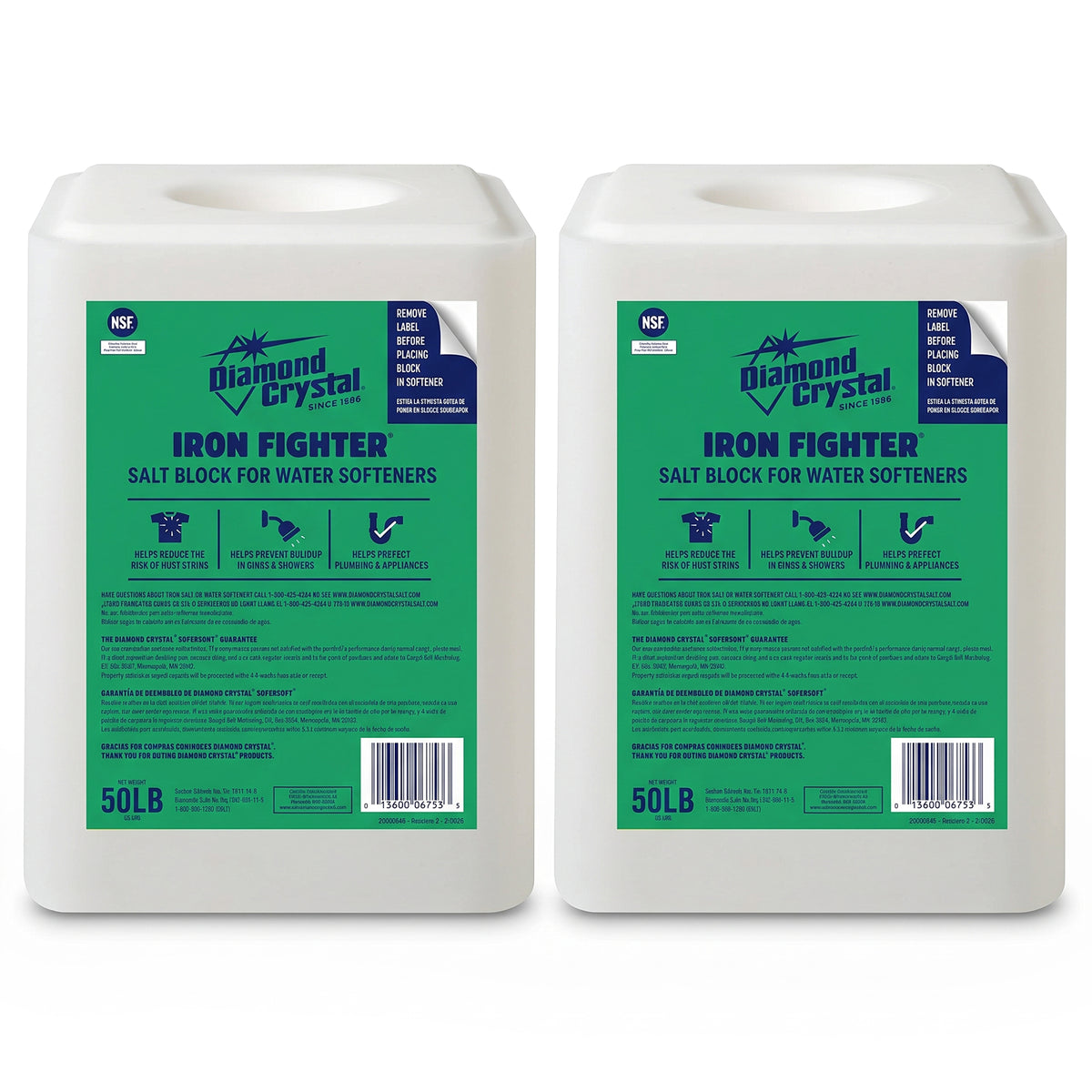Diamond Crystal 2 Pack Iron Fighter Pure Salt Block for Water Softeners, 50 lb