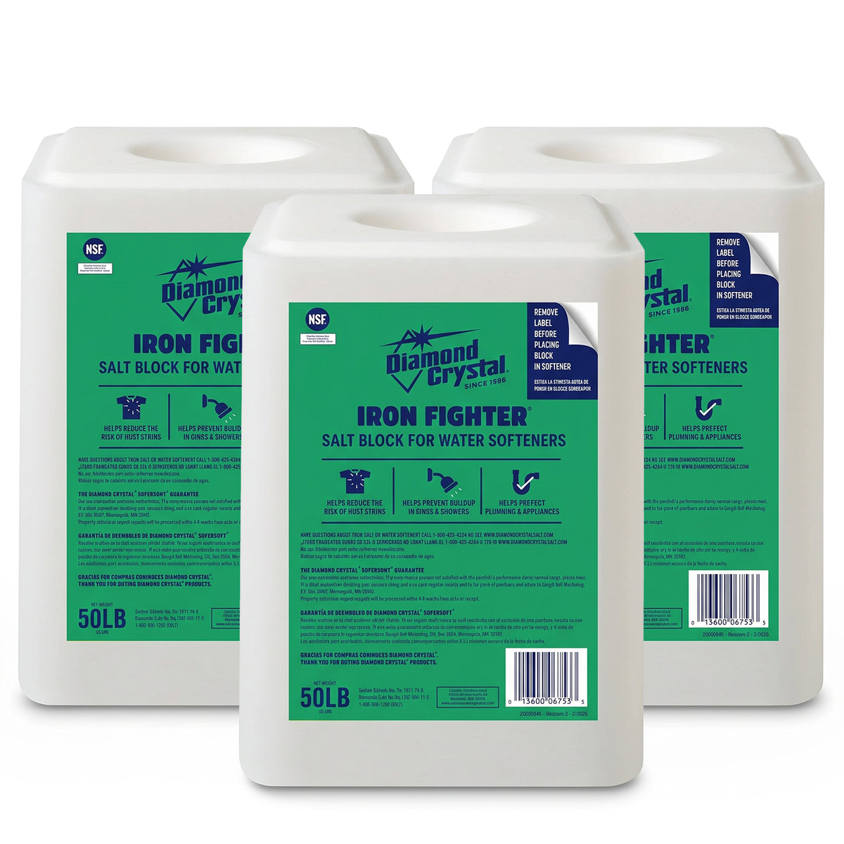 Diamond Crystal 3 Pack Iron Fighter Pure Salt Block for Water Softeners, 50 lb