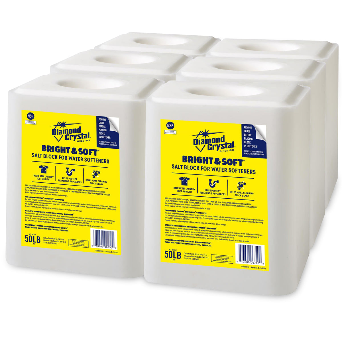 Diamond Crystal 6 Pack Bright and Soft Water Softener Soluble Salt Block, 50 lb