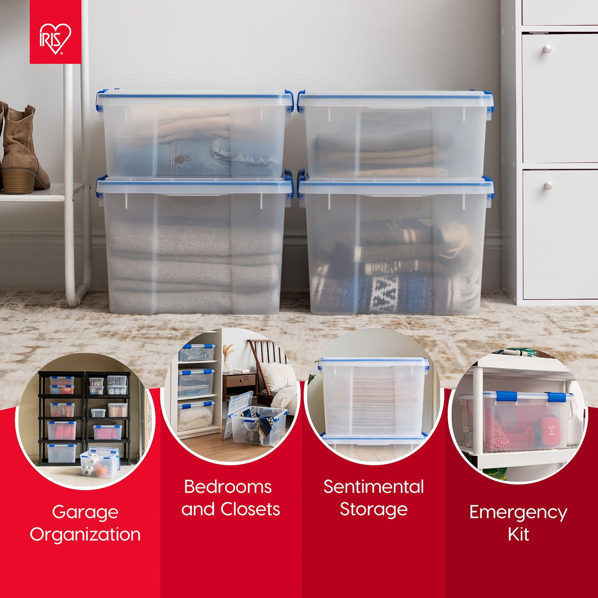 IRIS USA 3-Pack Storage Bins With Gasket Lids, 16-Quart Capacity, Clear/Blue