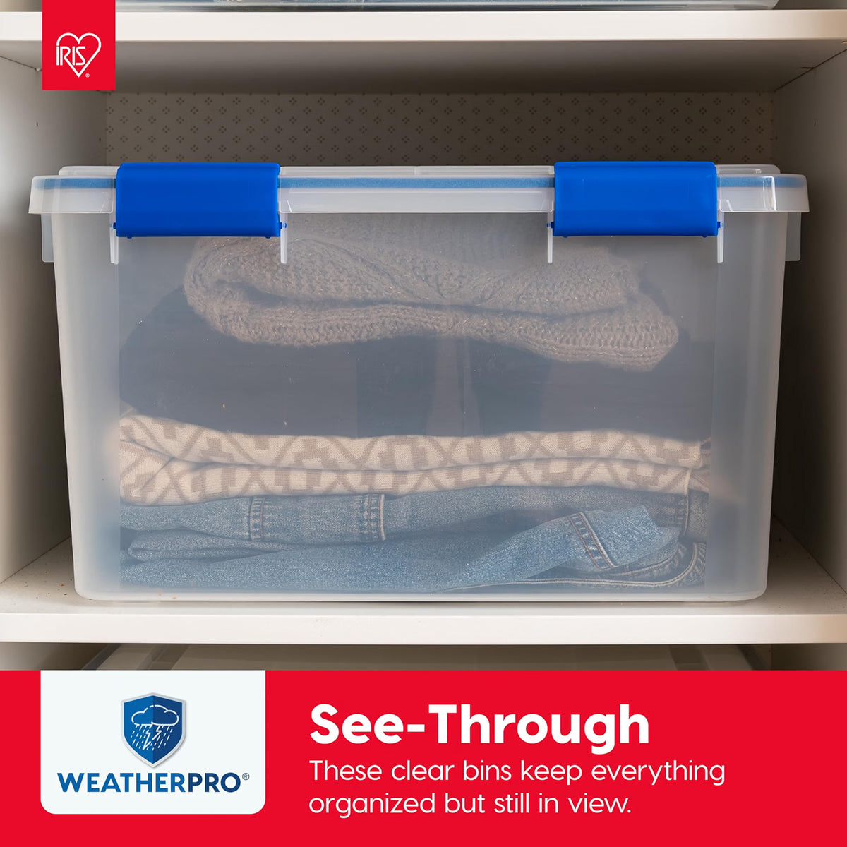 IRIS USA 3-Pack Storage Bins With Gasket Lids, 16-Quart Capacity, Clear/Blue