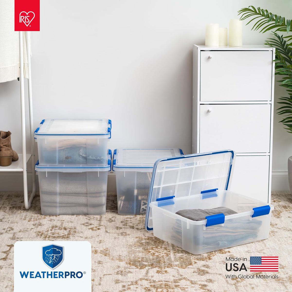 IRIS USA 3-Pack Storage Bins With Gasket Lids, 16-Quart Capacity, Clear/Blue