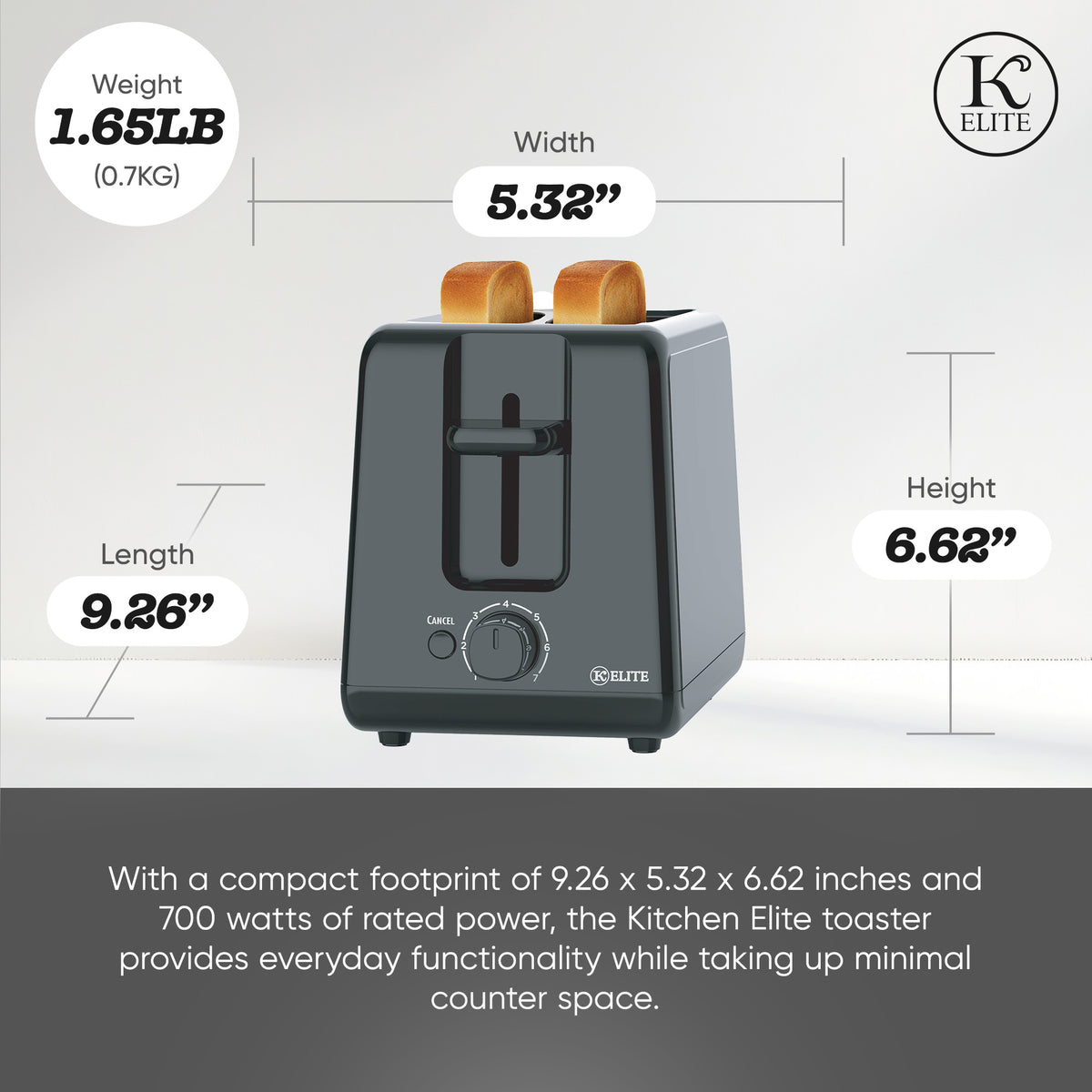 Kitchen Elite 2-Slice Toaster with Single Control, 7 Shade Settings, 700W, Black