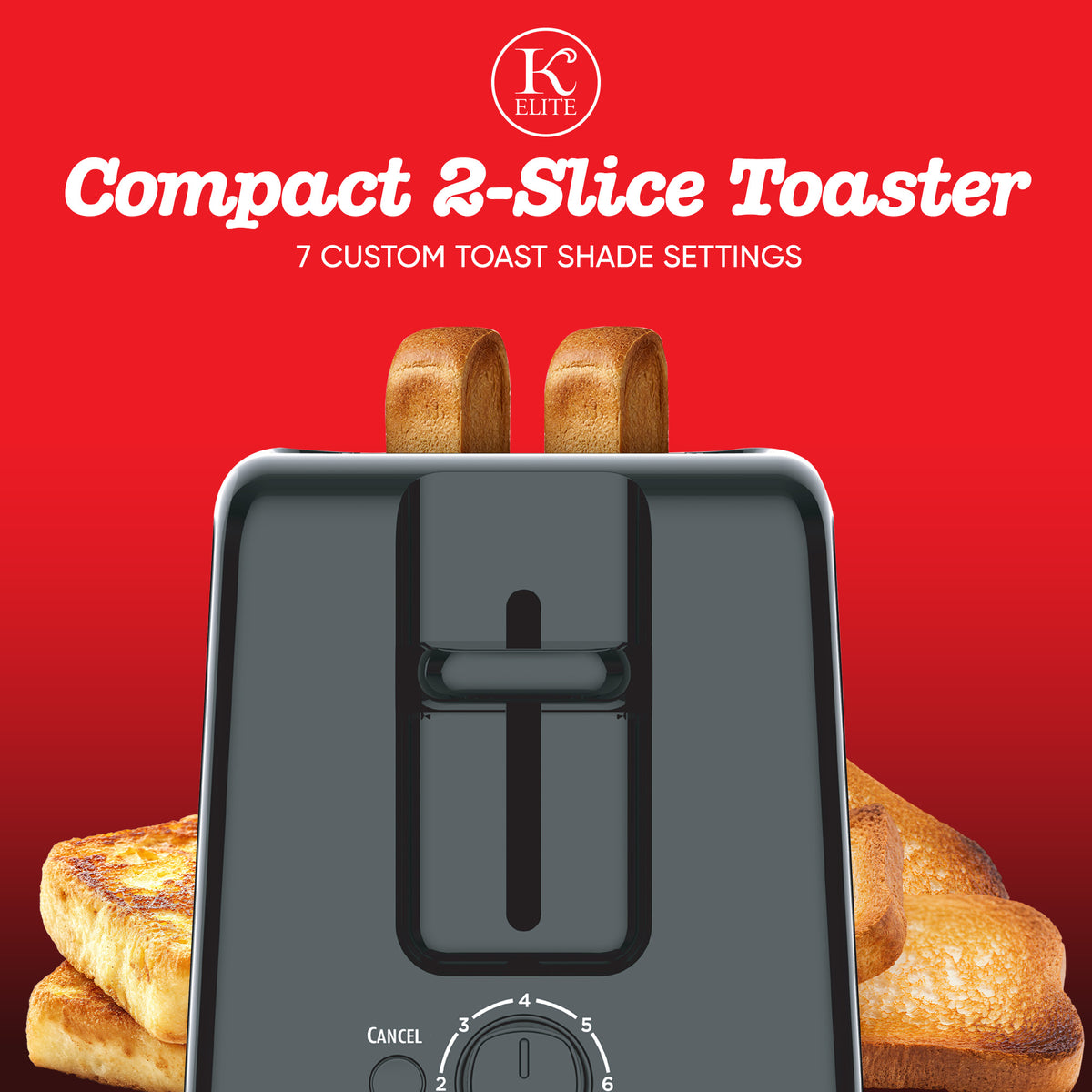 Kitchen Elite 2-Slice Toaster with Single Control, 7 Shade Settings, 700W, Black
