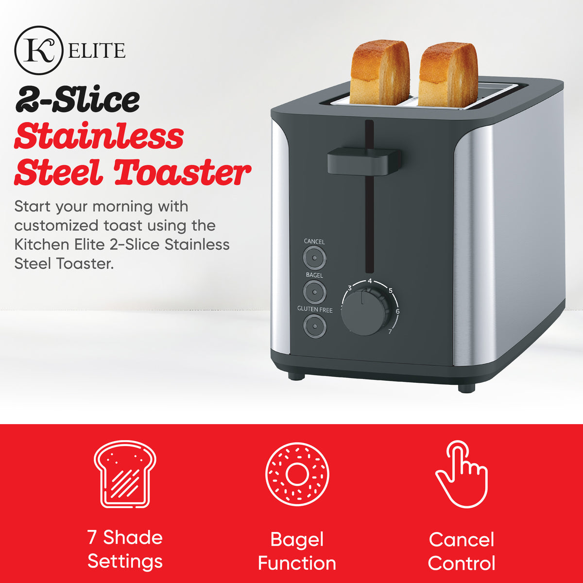 Kitchen Elite 2-Slice Stainless Steel Toaster with 7 Shade Settings, 900W, Black