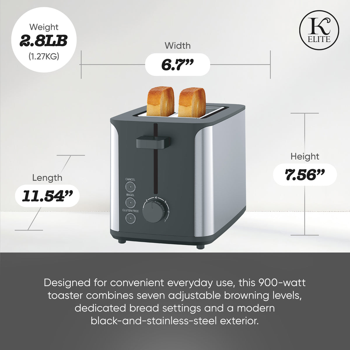 Kitchen Elite 2-Slice Stainless Steel Toaster with 7 Shade Settings, 900W, Black