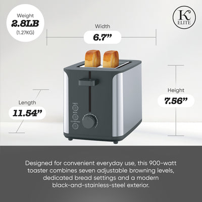 Kitchen Elite 2-Slice Stainless Steel Toaster with 7 Shade Settings, 900W, Black