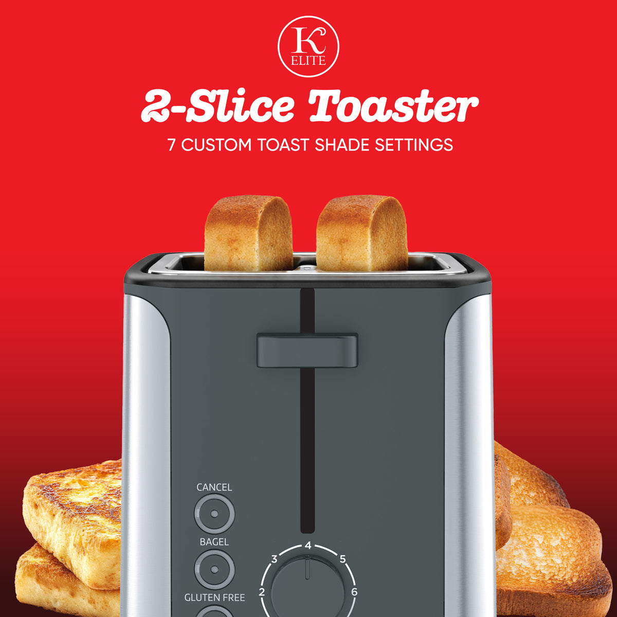 Kitchen Elite 2-Slice Stainless Steel Toaster with 7 Shade Settings, 900W, Black