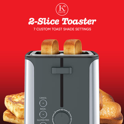 Kitchen Elite 2-Slice Stainless Steel Toaster with 7 Shade Settings, 900W, Black