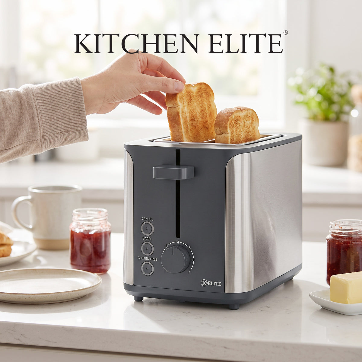 Kitchen Elite 2-Slice Stainless Steel Toaster with 7 Shade Settings, 900W, Black
