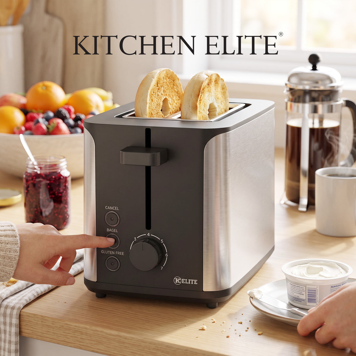 Kitchen Elite 2-Slice Stainless Steel Toaster with 7 Shade Settings, 900W, Black