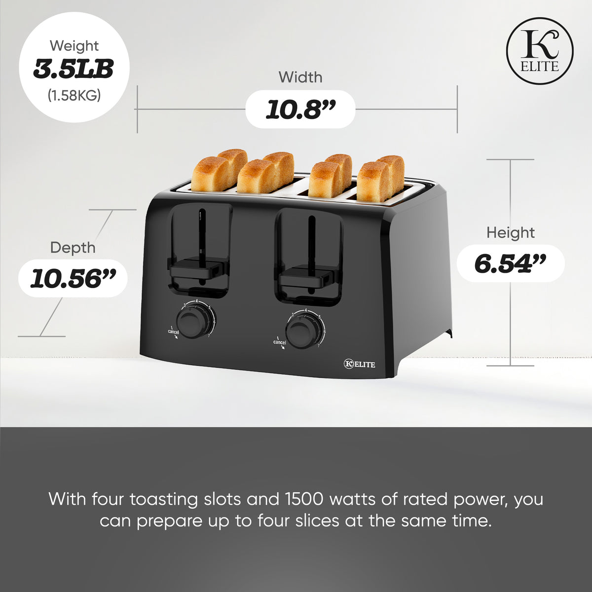 Kitchen Elite 4-Slice Toaster with Dual Control, 7 Shade Settings, 1500W, Black