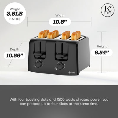 Kitchen Elite 4-Slice Toaster with Dual Control, 7 Shade Settings, 1500W, Black