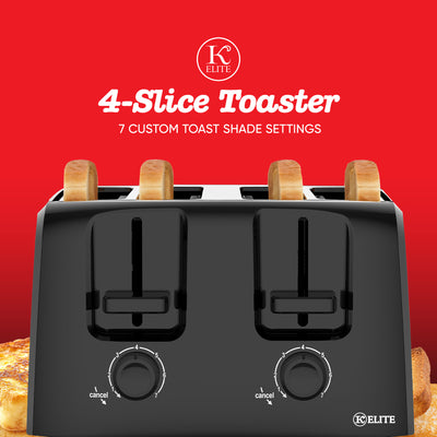 Kitchen Elite 4-Slice Toaster with Dual Control, 7 Shade Settings, 1500W, Black