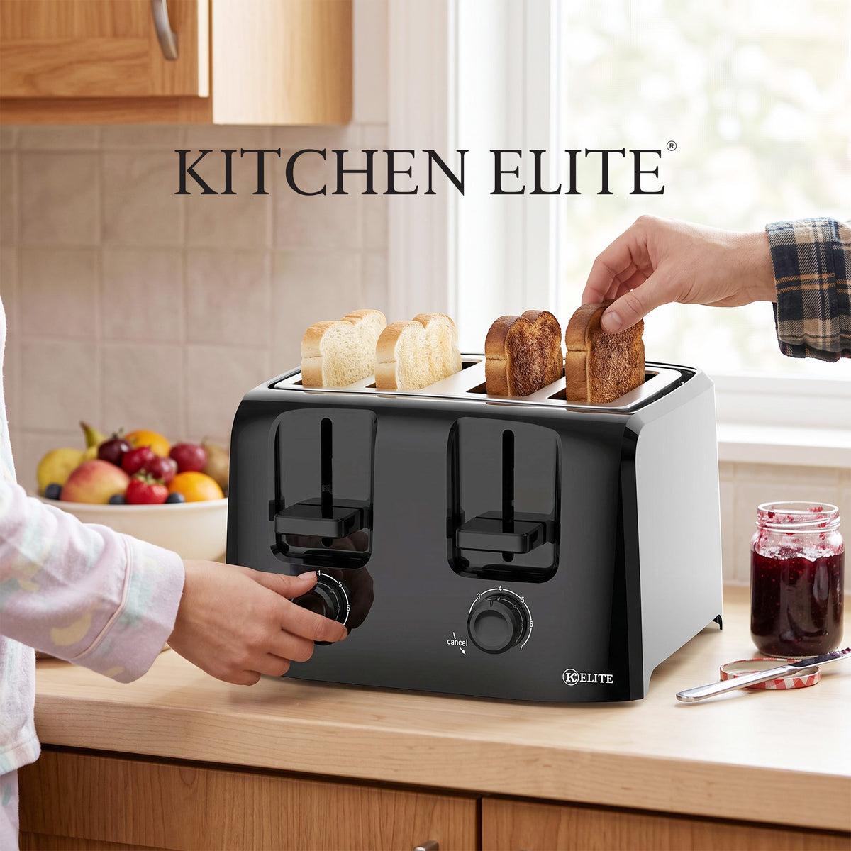 Kitchen Elite 4-Slice Toaster with Dual Control, 7 Shade Settings, 1500W, Black
