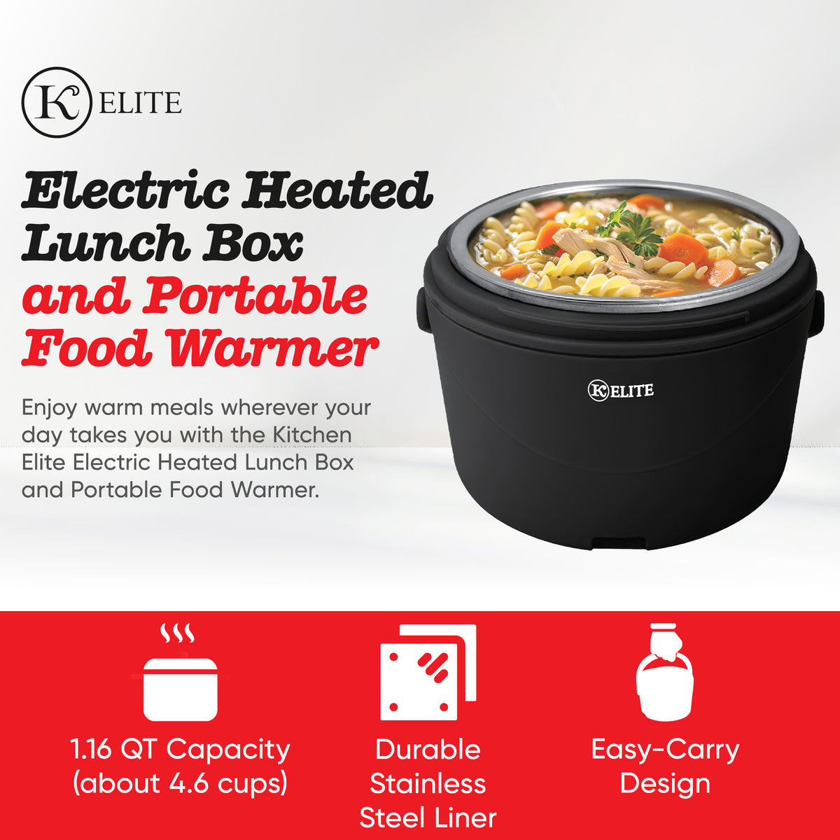 Kitchen Elite 1.16 Qt Electric Heated Lunch Box and Portable Food Warmer, Black - VMInnovations
