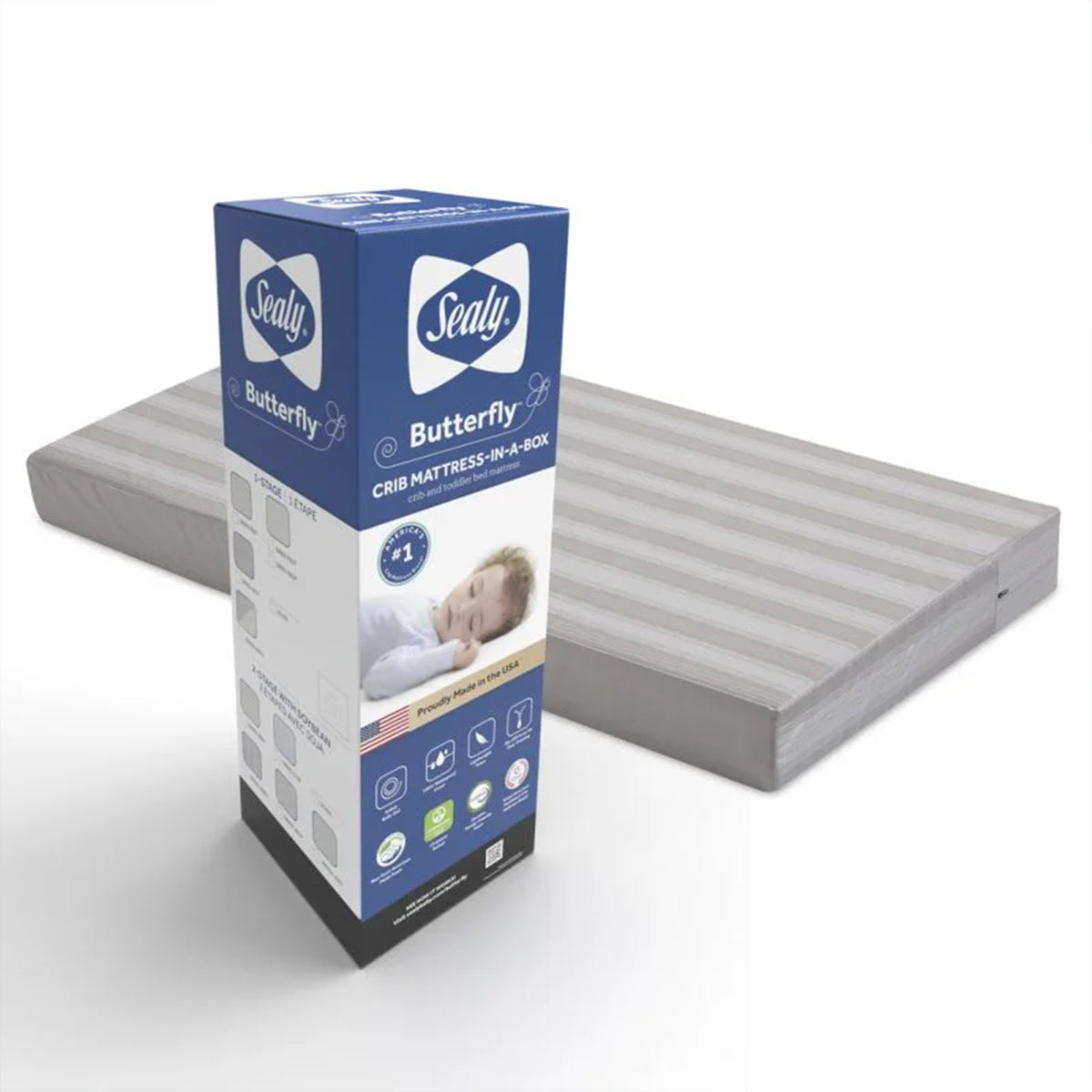 Sealy Baby Infant & Toddler Butterfly Crib Mattress, 52 x 28 Inch, White Stripe