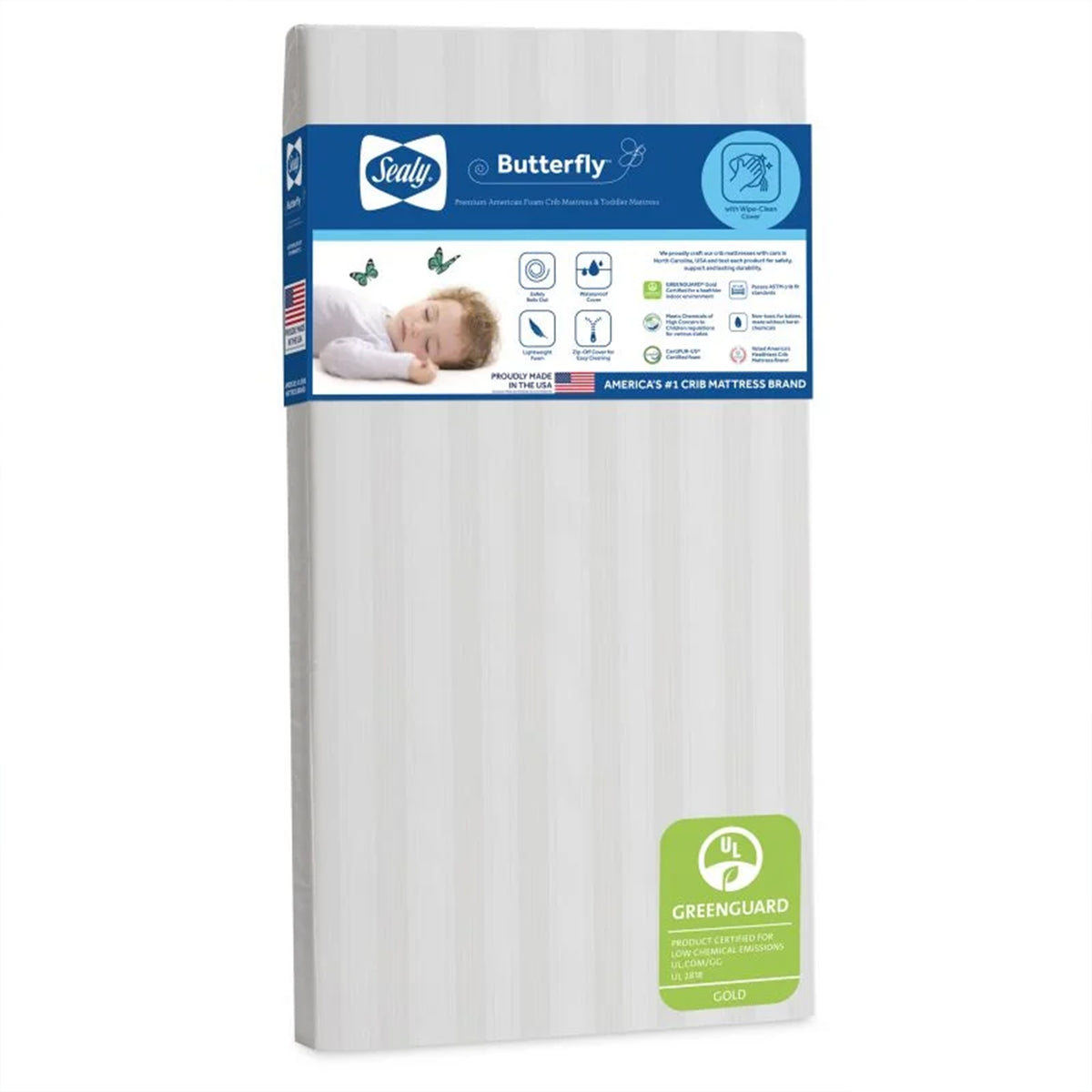 Sealy Baby Infant & Toddler Butterfly Crib Mattress, 52 x 28 Inch, White Stripe