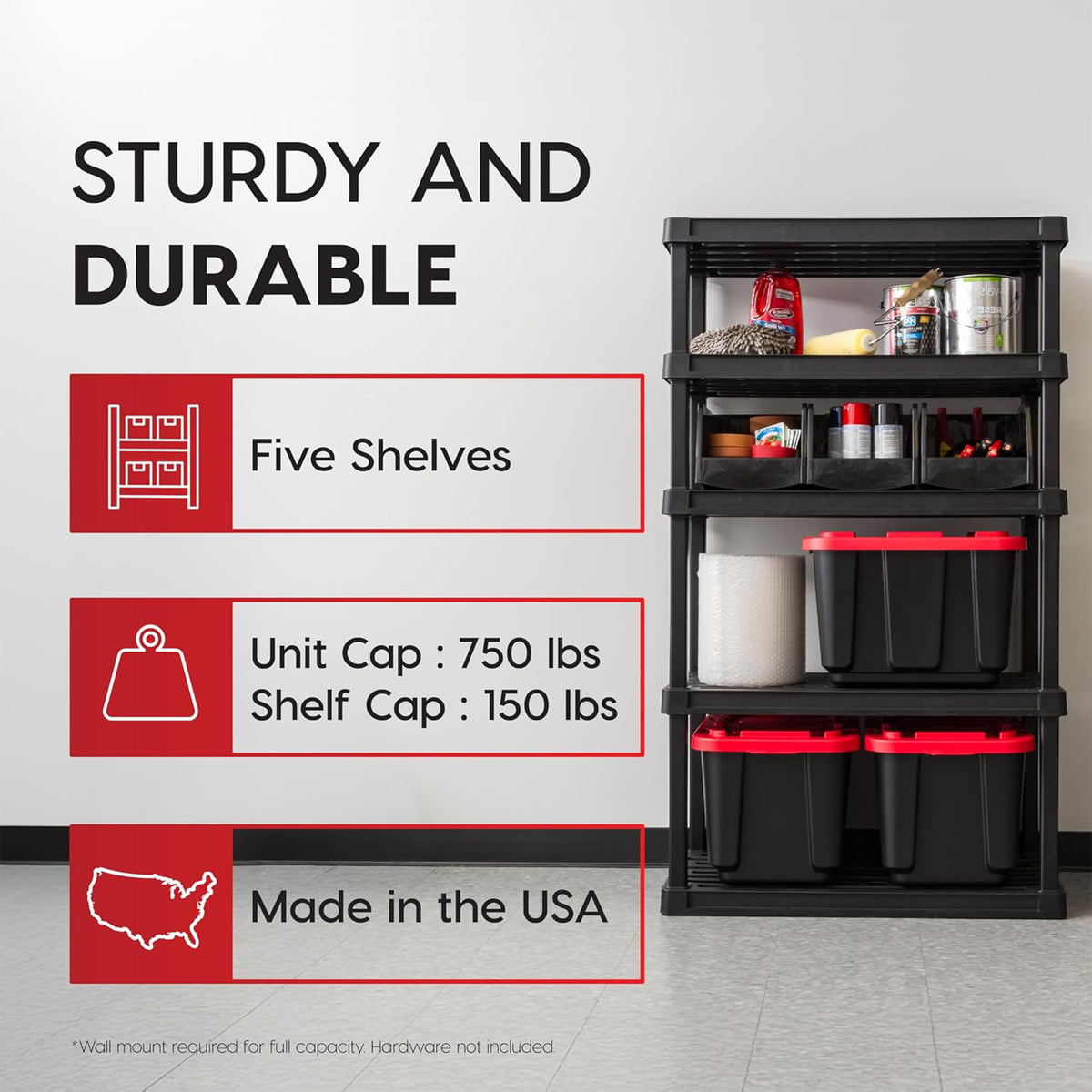 IRIS USA 5 Tier Plastic Storage Shelves for Garage, 68"H x 36"W x 18"D, Black