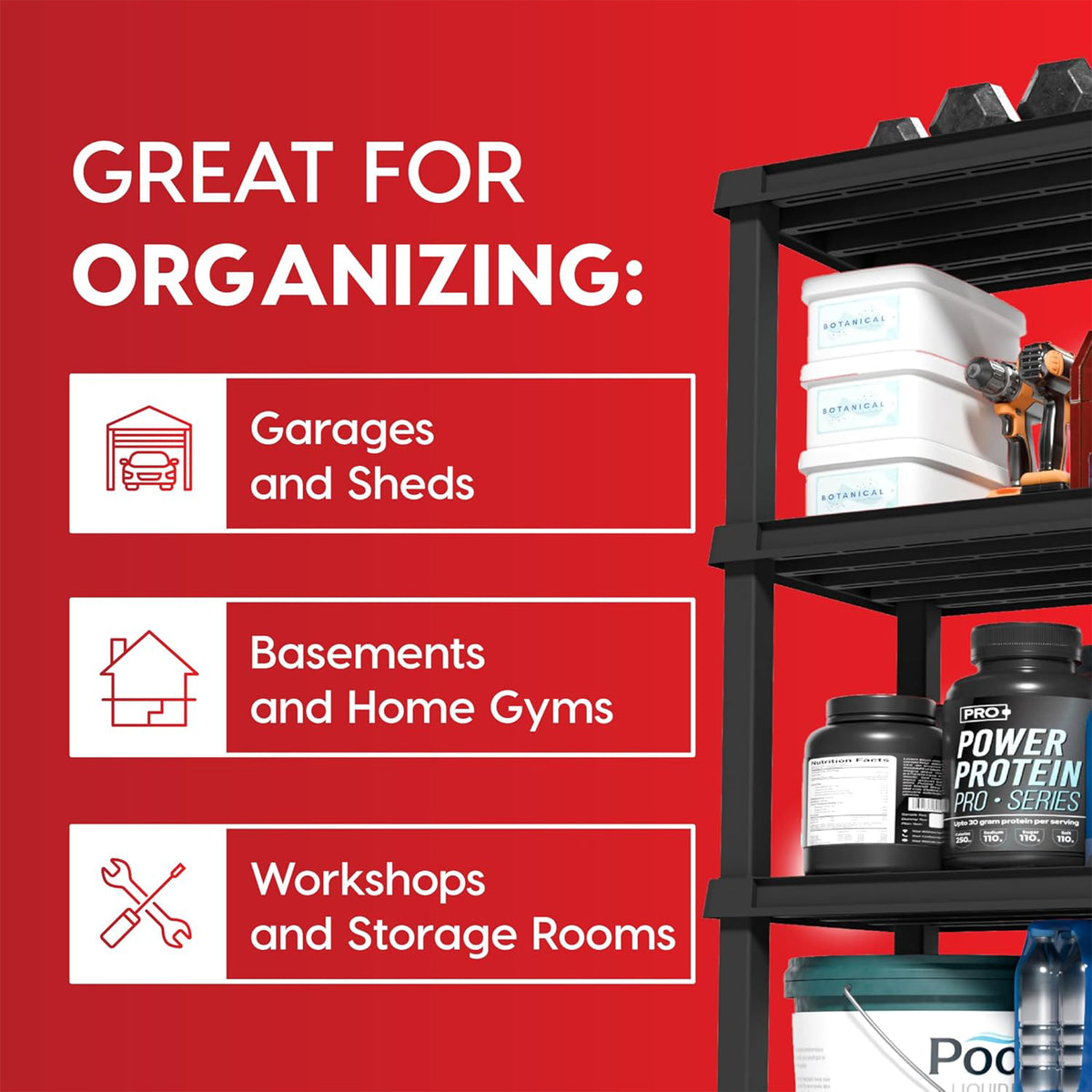 IRIS USA 5 Tier Plastic Storage Shelves for Garage, 68"H x 36"W x 18"D, Black