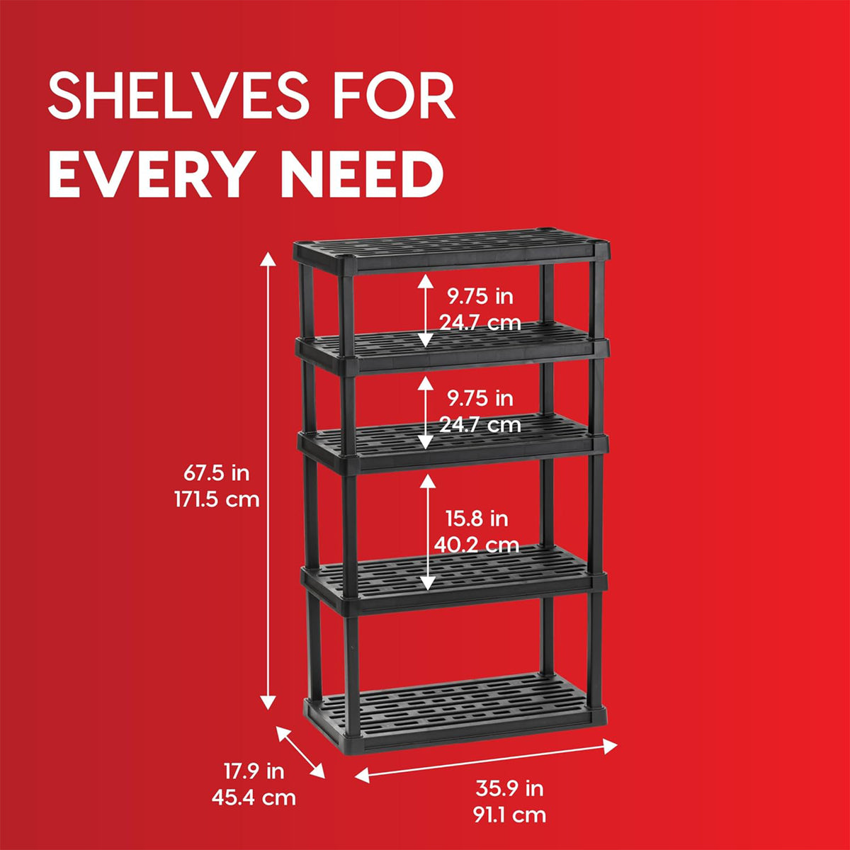 IRIS USA 5 Tier Plastic Storage Shelves for Garage, 68"H x 36"W x 18"D, Black