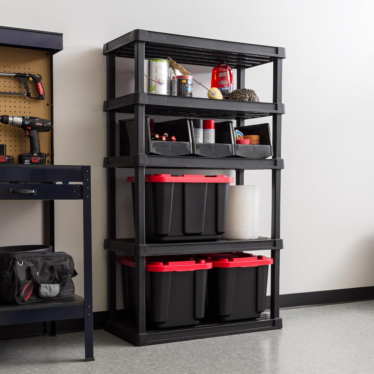 IRIS USA 5 Tier Plastic Storage Shelves for Garage, 68"H x 36"W x 18"D, Black