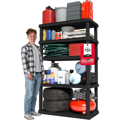 IRIS USA 5 Tier Plastic Storage Shelves for Garage, 68"H x 36"W x 18"D, Black