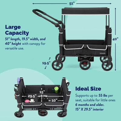 Kolcraft Foldable Stroller Wagon for 2 Kids, 5-Point Harness, 110 Lb Cap, Black