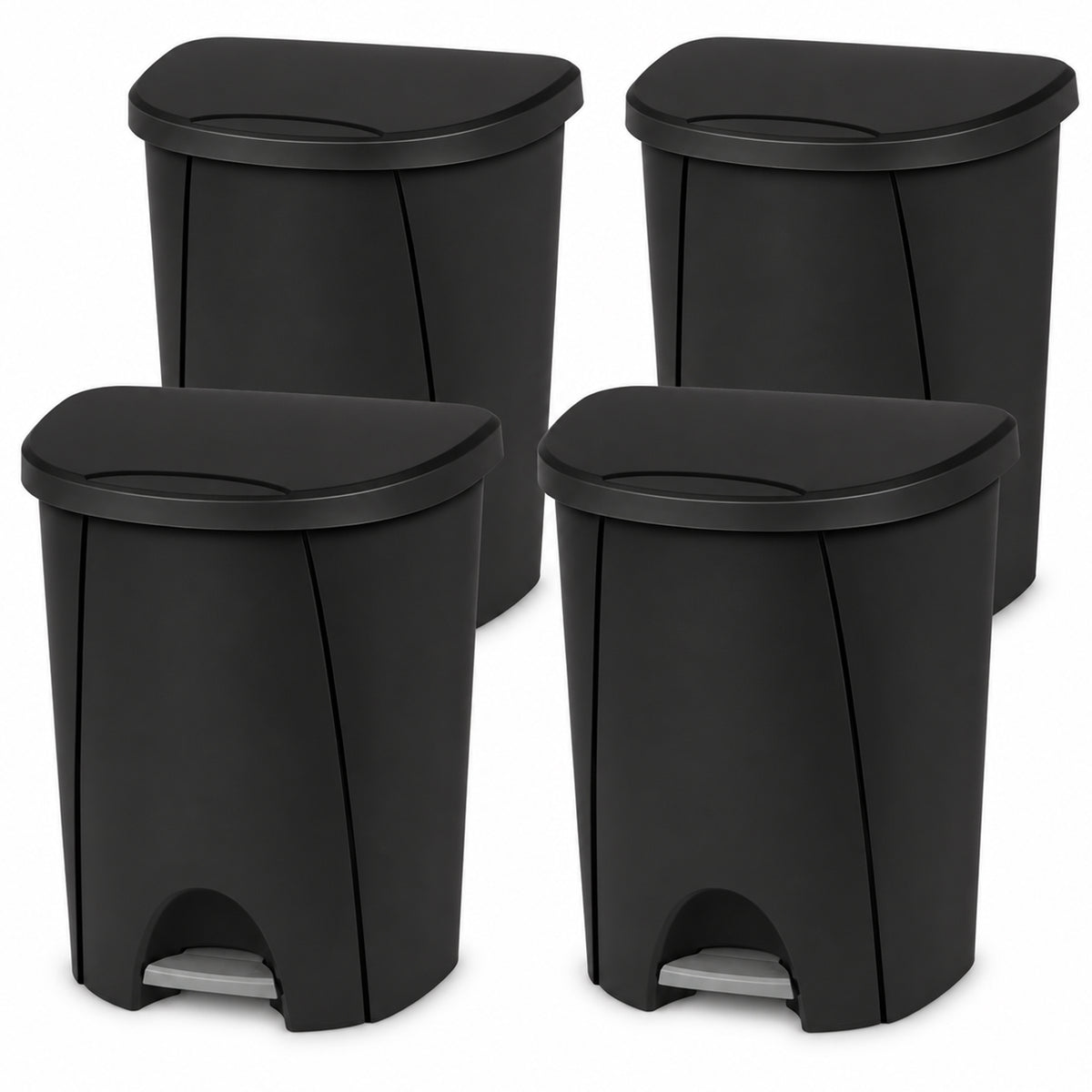 Sterilite 6.6 Gal StepOn Wastebasket Hands Free Garbage Trash Can, Black, 4 Pack