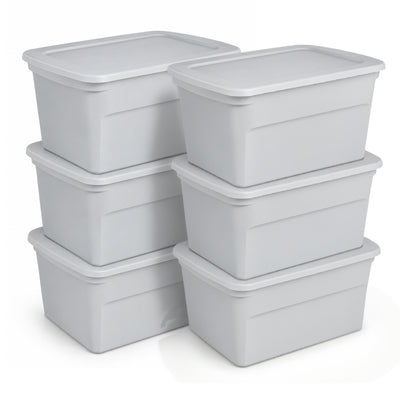Sterilite 30 Gal Plastic Tote Storage Container with Snap On Lid, Cement, 6 Pack