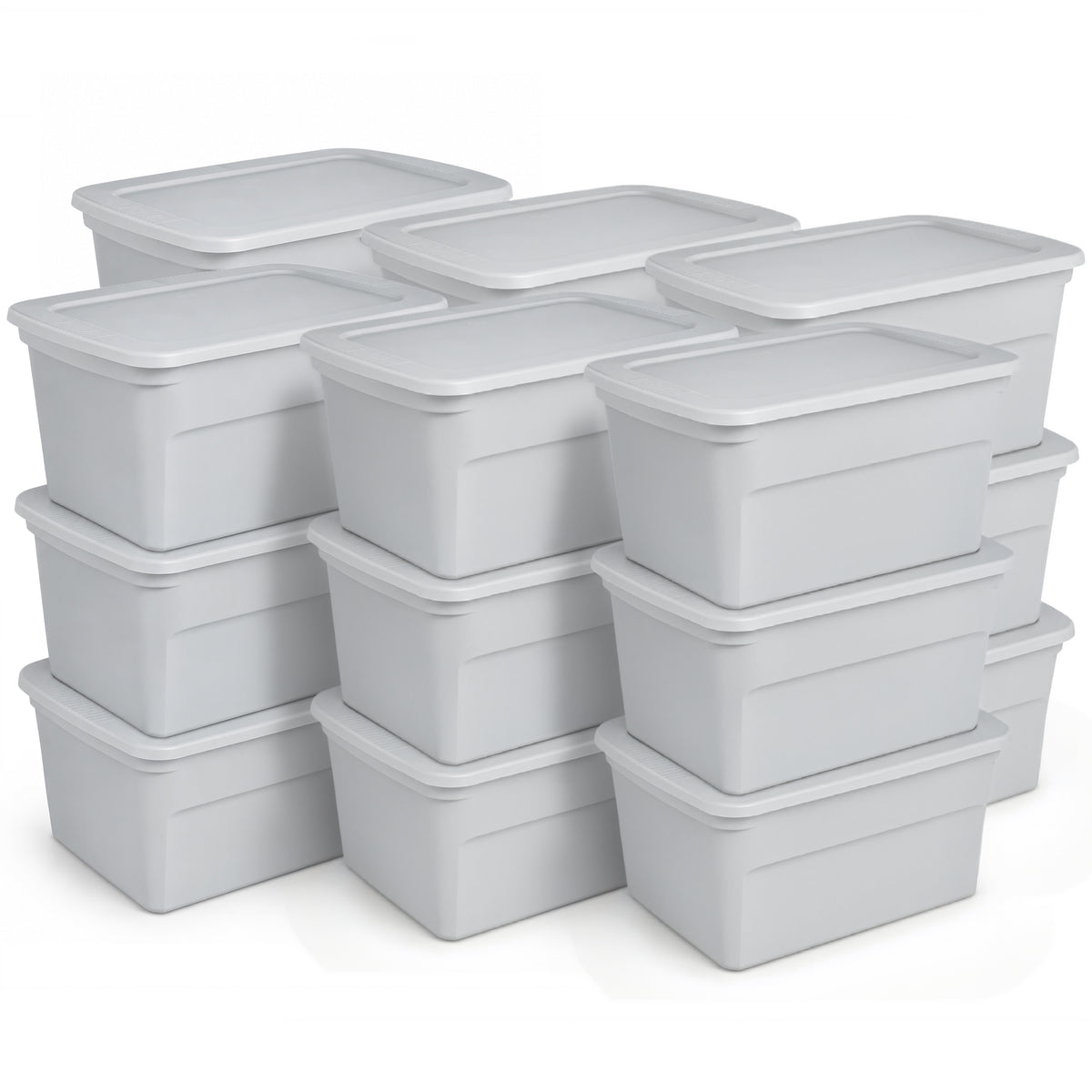 Sterilite 30 Gal Plastic Tote Storage Container w/ Snap On Lid, Cement, 18 Pack