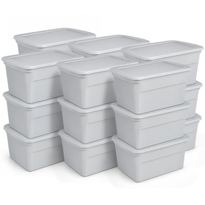 Sterilite 30 Gal Plastic Tote Storage Container w/ Snap On Lid, Cement, 18 Pack