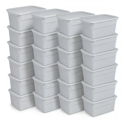 Sterilite 30 Gal Plastic Tote Storage Container w/ Snap On Lid, Cement, 24 Pack