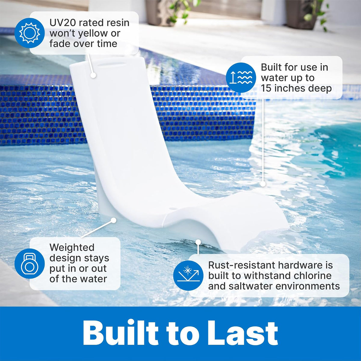 Step2 Vero Chair Tall In Water Pool Lounger with 300 Lb Weight Capacity, White