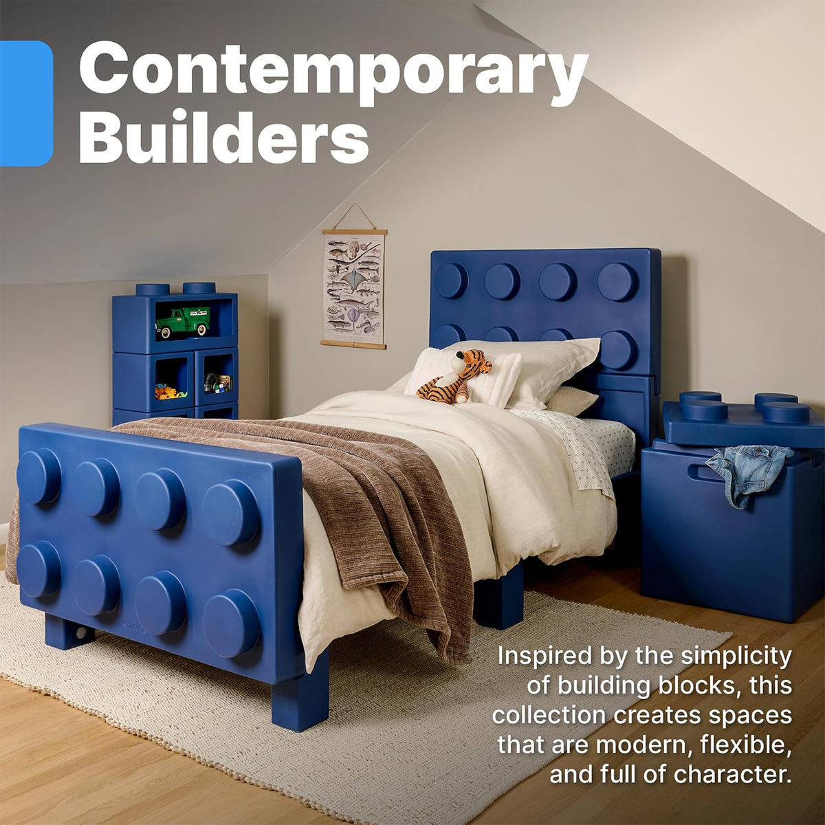 Step2 Contemporary Builders Toy Box with Lid, Storage Chest for Kids, Denim Blue