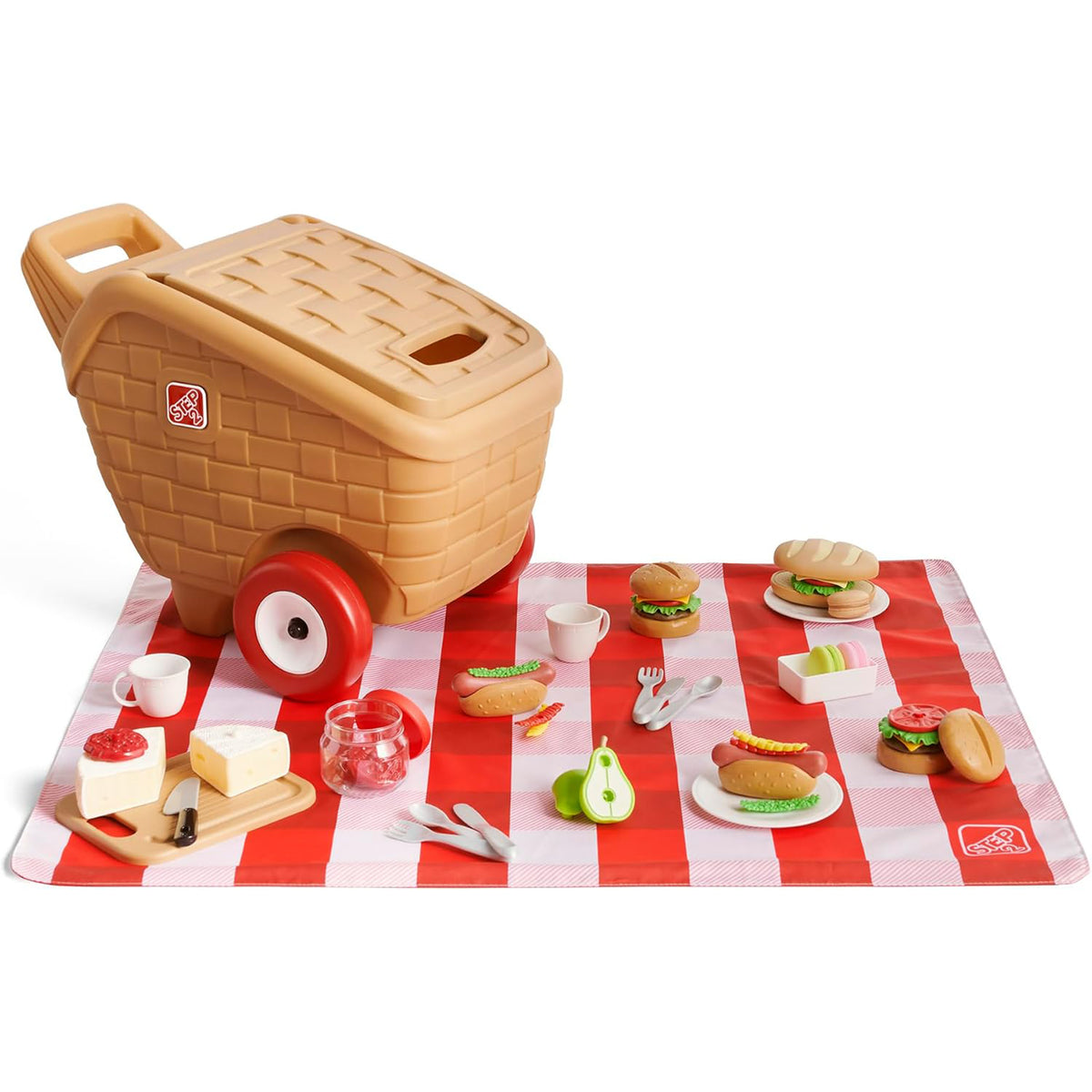 Step2 My First Picnic Rolling Basket, 30 Pc Pretend Play Accessory Set, Brown